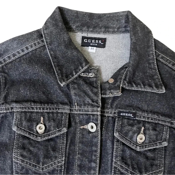 GUESS Girls Black Denim Trucker Jacket – Size M – Button-Up - Picture 3 of 9